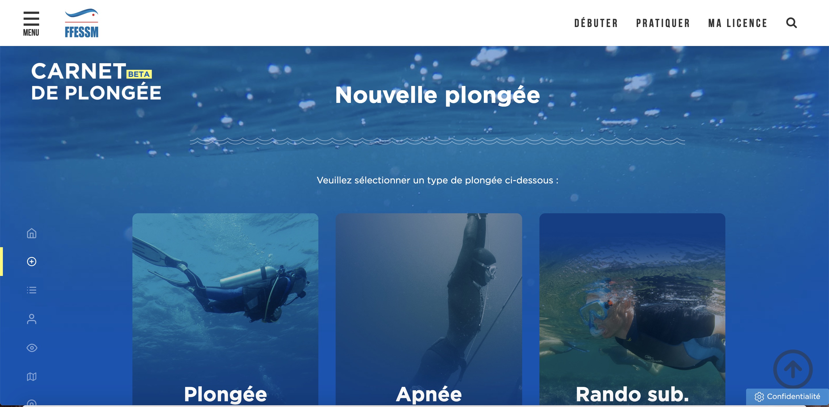 Capture d'écran du carnet de plongée