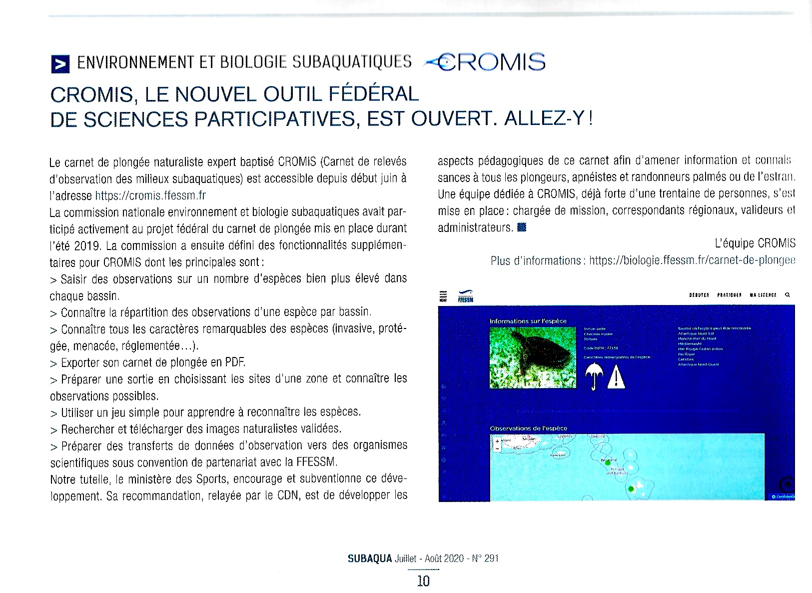 Article CROMIS dans Subaqua 291