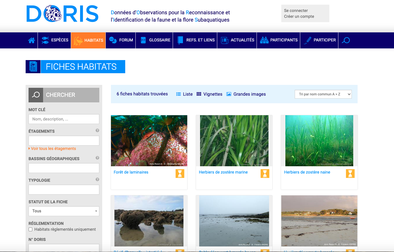 Page d'accueil de l'onglet DORIS habitats